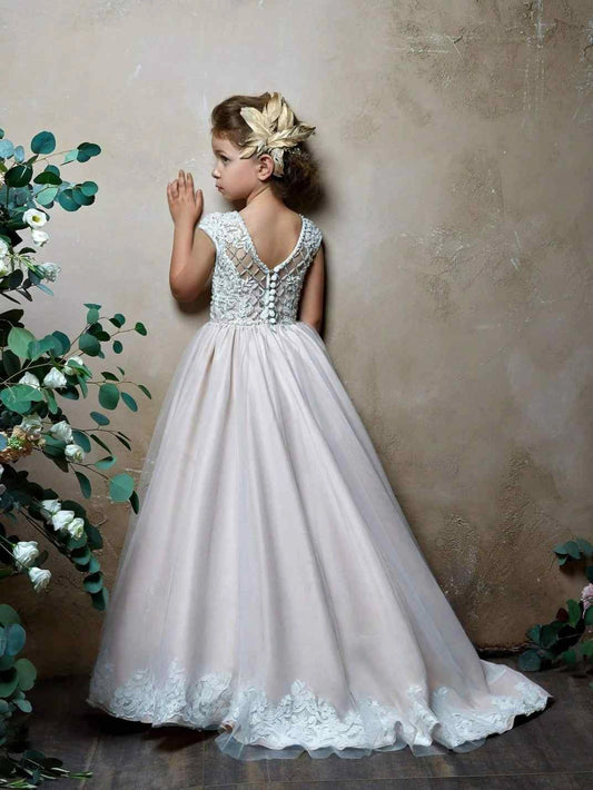 Champagne A Line Round Neck Cap Sleeve V Back Train Flower Girl Dress