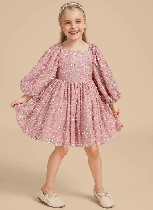 Sparkling A Line Square Neck Balloon Sleeve Bow Back Knee Length Party Dress