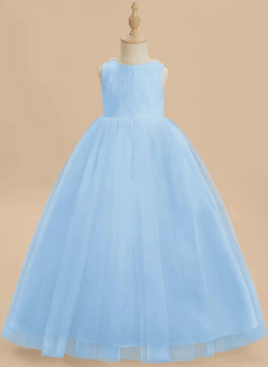 Elegant Ball Gown Round Neck Sleeveless Pearl V?Back Floor Length First Communion Dress