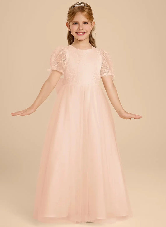 Elegant A?Line Round Neck Puff Short Sleeve Big Bow Back Floor?Length Flower Girl Dress