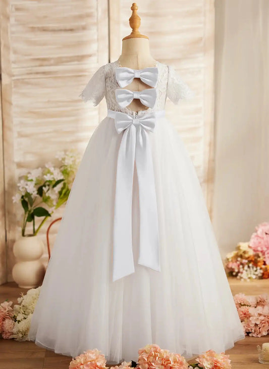 Elegant A?Line High Neck Short Sleeve Cutout Bow Back Floor Length First Communion Dress