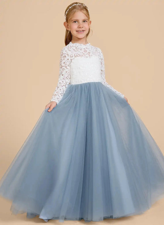 Elegant A Line High Neck Long Sleeve V Back Floor Length Flower Girl Dress