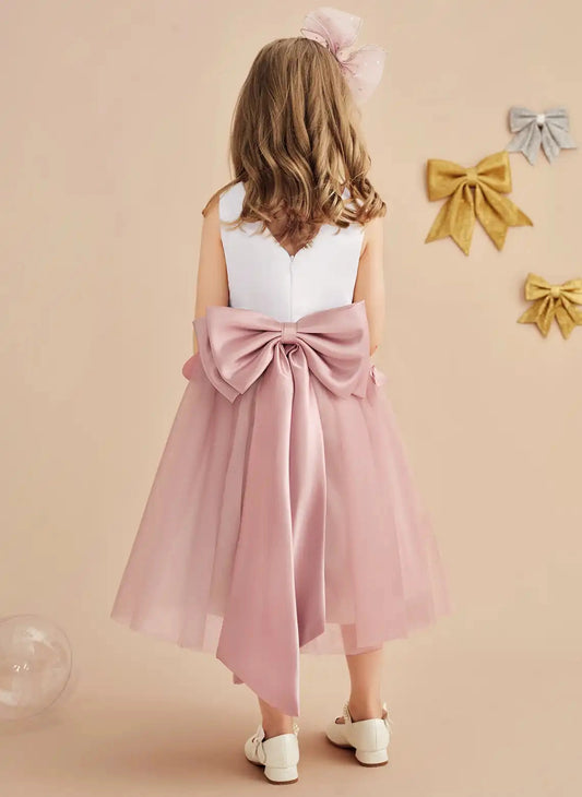 Elegant A Line Round Neck Sleeveless Bow Back Midi Flower Girl Dress