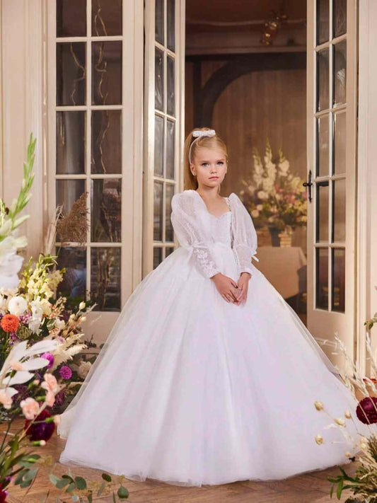 Luxury Ballgown Square Neck Long Sleeve Open Back Train First Communion Flower Girl Dress