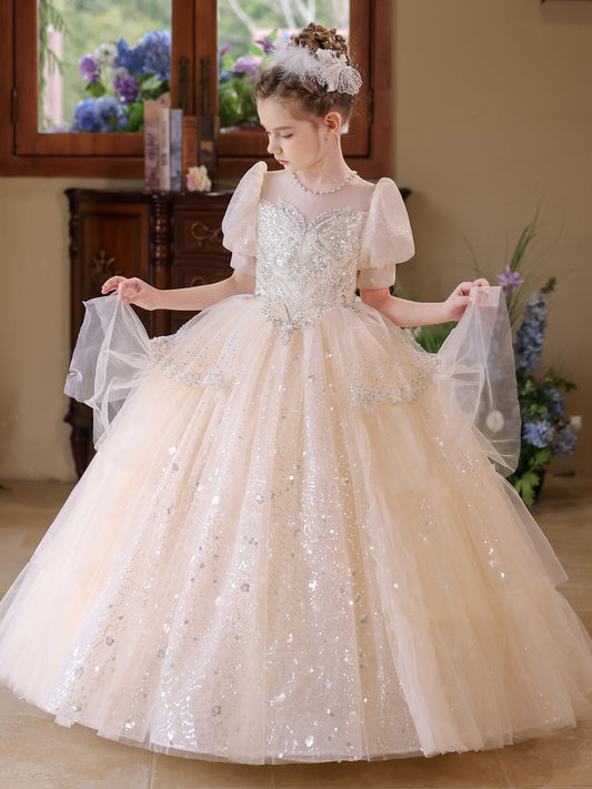Sparkling Ball Gown Jewel Neck Puff Sleeve Floor Length Flower Girl Dress