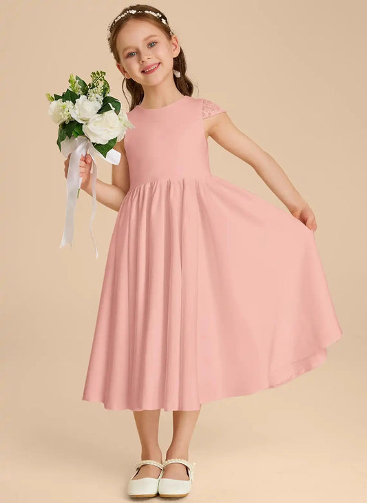 Elegant A Line Round Neck Cap Sleeve Lace Back Hi Low First Communion Dress