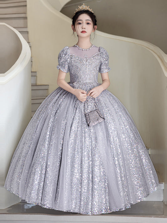 Sparkling Ball Gown Illusion Neck Puff Sleeve Sheer Back Floor Length Pageant Dress