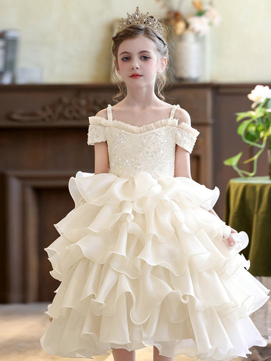 Elegant Ball Gown Sweetheart Off Shoulder Bow Back Tea Length Flower Girl Dress