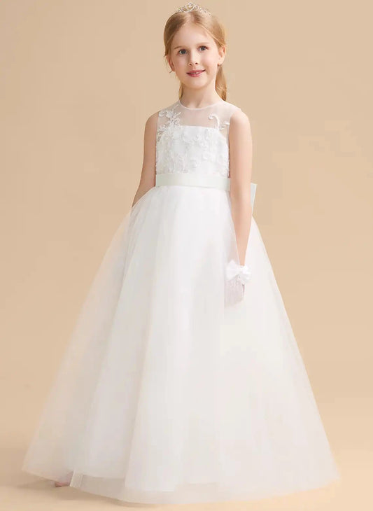 Elegant A-Line Round Neck Sleeveless Illusion Back Floor Length First Communion Dress