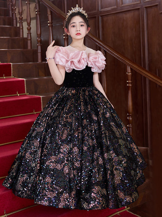 Glamorous Ball Gown Ruffle Neck Short Sleeve Lace Up Floor Length Pageant Dress