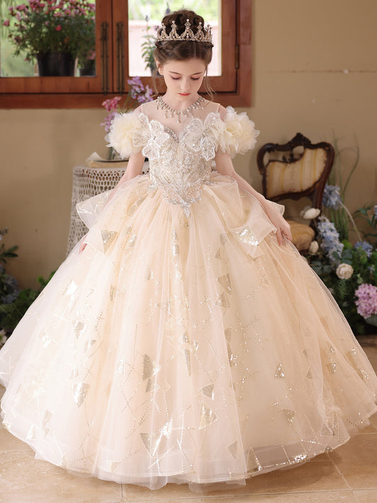 Elegant Ball Gown Round Neck Floral Sleeves Sheer Back Floor Length Pageant Dress