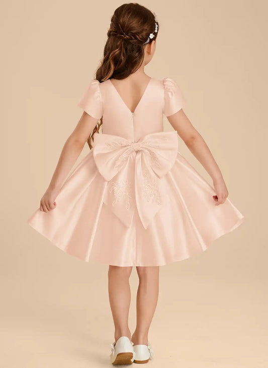 Elegant A Line Round Neck Puff Sleeve V Back Knee Length First Communion Dress