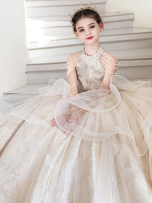 Luxury Ball Gown Halter Pearl Sleeves Open Back Floor Length Pageant Dress