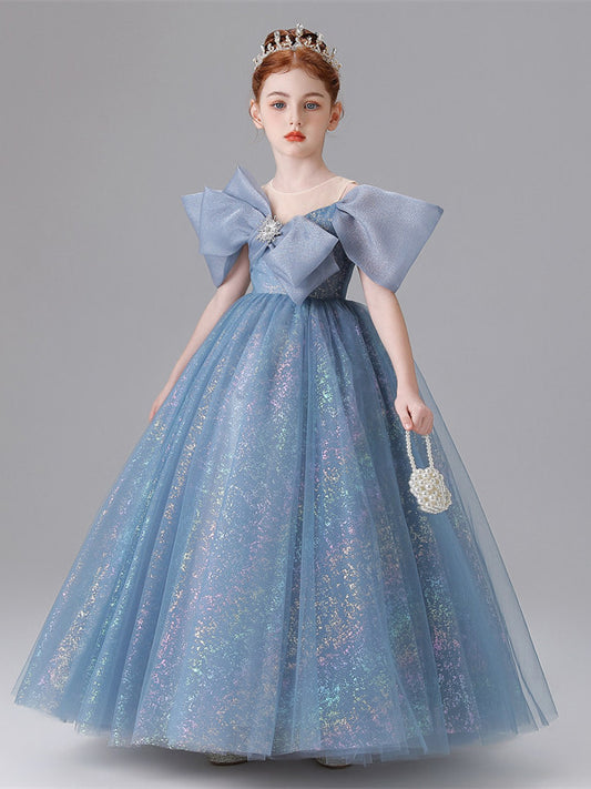 Sparkling Ball Gown Illusion Neck Bow Sleeves Zip Back Floor Length Girls Dress