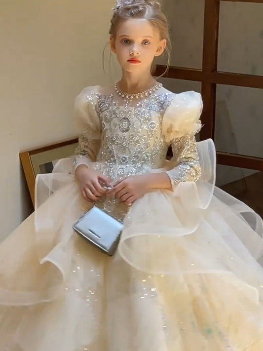 Luxurious Ball Gown Round Neck Puff Sleeve Floor Length Pageant Dress