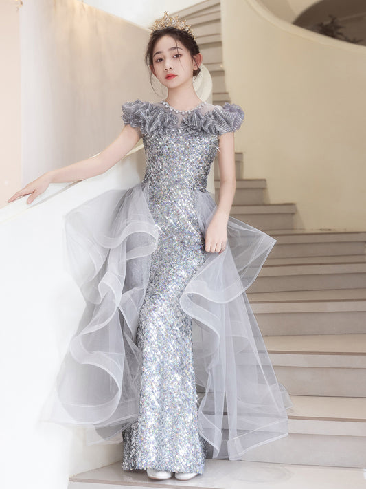 Glamorous Sheath Illusion Neck Ruffle Sleeve Closed Back Floor Length Pageant Dress