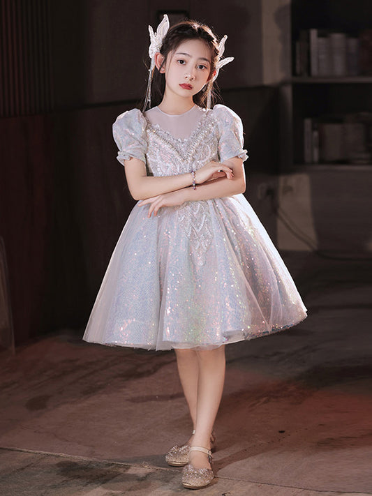Sparkling Ball Gown Round Neck Puff Sleeve Closed Back Knee Length Birthday Dress
