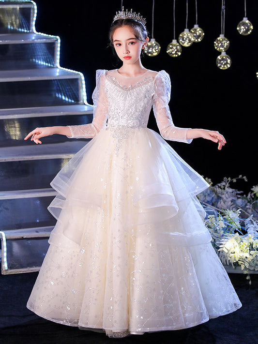Sparkling Ball Gown Illusion Neck Long Sleeve Closed Back Floor Length Pageant Dress