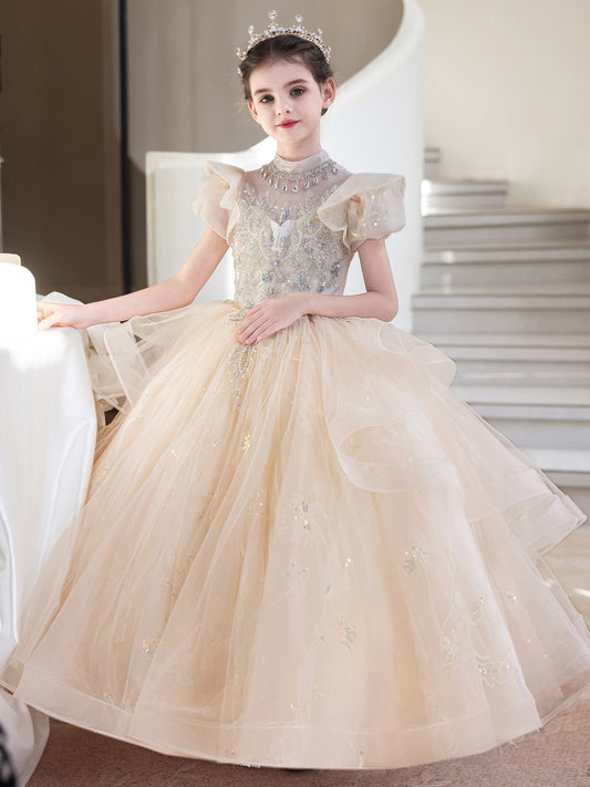 Luxury Ball Gown High Neck Ruffle Sleeve Zip Back Floor Length Pageant Dress
