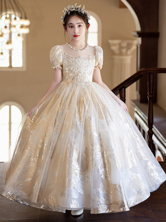 Elegant Ball Gown Square Neck Puff Sleeve Back Zip Floor Length Flower Girl Dress