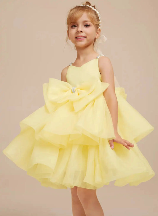 Elegant A?Line Heart Neck Sleeveless Bow Back Knee?Length Flower Girl Dress
