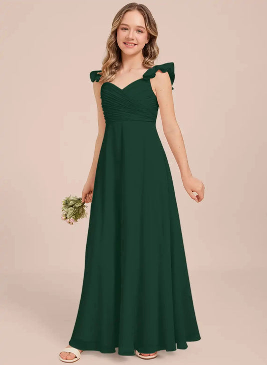 Flowy A-Line V Neck Ruffle Sleeve Square Back Floor-Length Junior Bridesmaid Dress