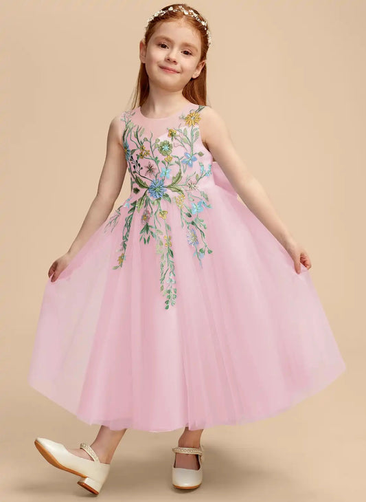 Floral Embroidered A Line Illusion Neck Sleeveless Keyhole Back Midi Flower Girl Dress