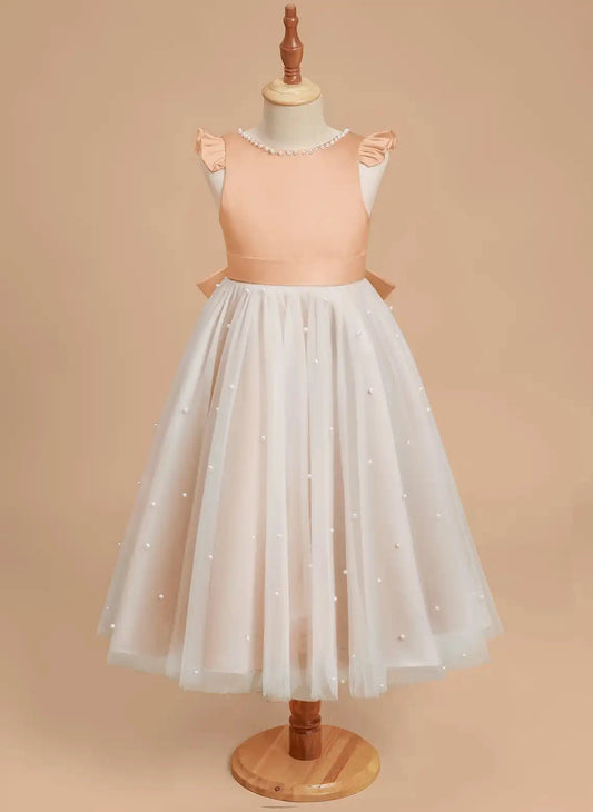 Elegant A Line Round Neck Flutter Sleeve V Back Midi Flower Girl Dress