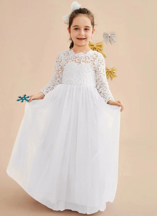 Elegant A Line High Neck Long Sleeve V Back Floor Length Flower Girl Dress