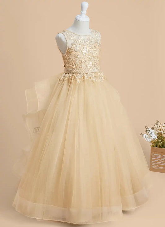 Elegant A?Line Round Neck Sleeveless V?Back Floor?Length Junior Bridesmaid Dress