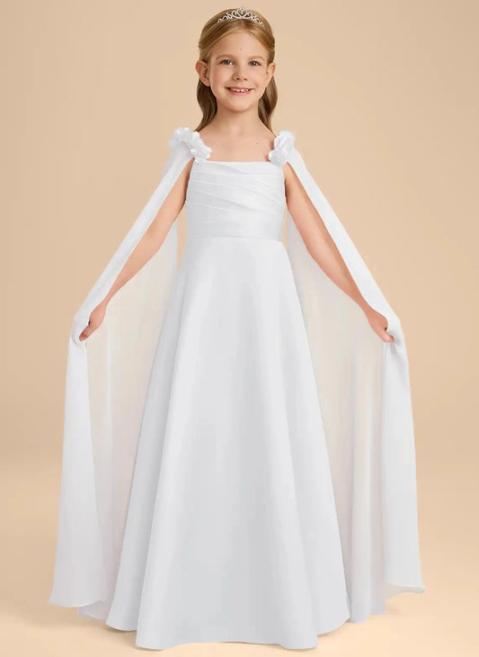 Elegant A?Line Square Neck Cape Sleeve V?Back Floor?Length Junior Bridesmaid Dress