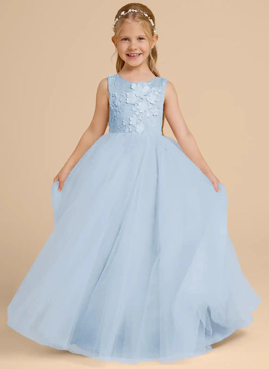 Elegant Ball Gown Round Neck Sleeveless Scalloped V Back Long Flower Girl Dress