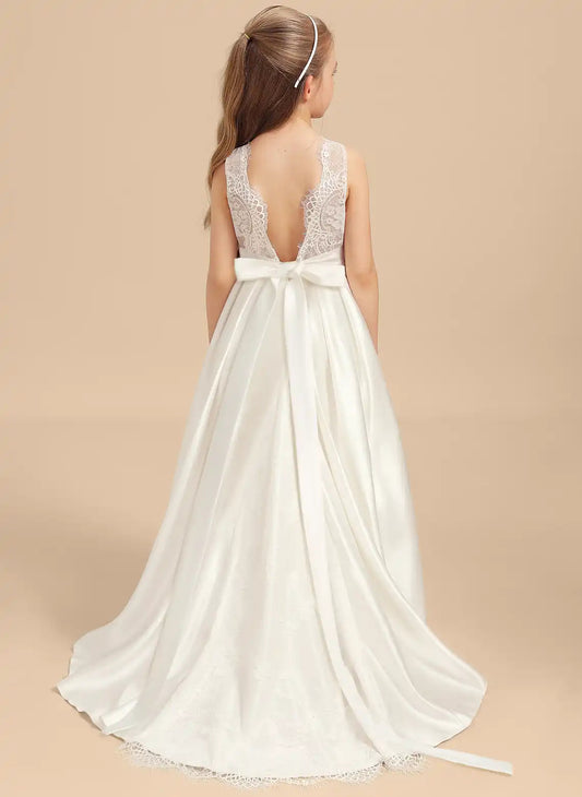 Elegant A-line Round Neck Sleeveless Open Back Train Flower Girl Dress