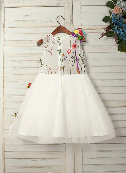 Whimsical A Line Round Neck Sleeveless Floral Back Knee Length Flower Girl Dress