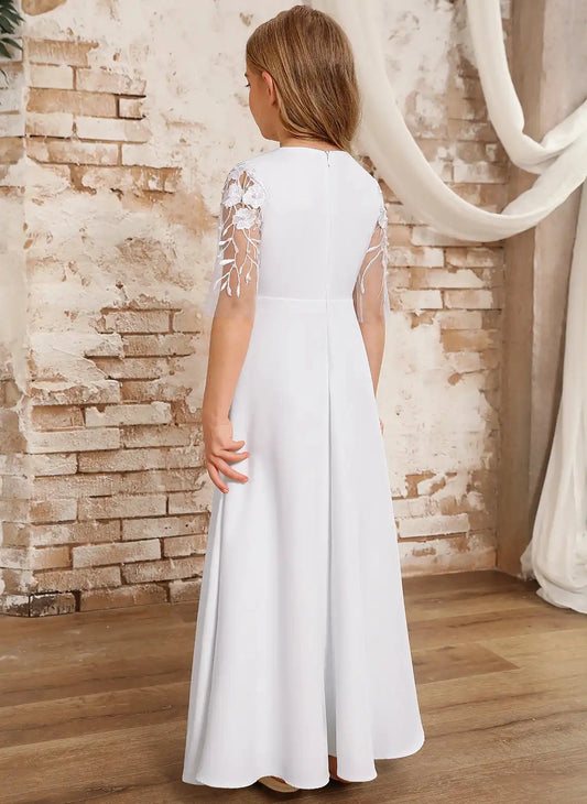 Elegant A?Line Round Neck Lace Sleeves Zipper Back Floor?Length First Communion Dress