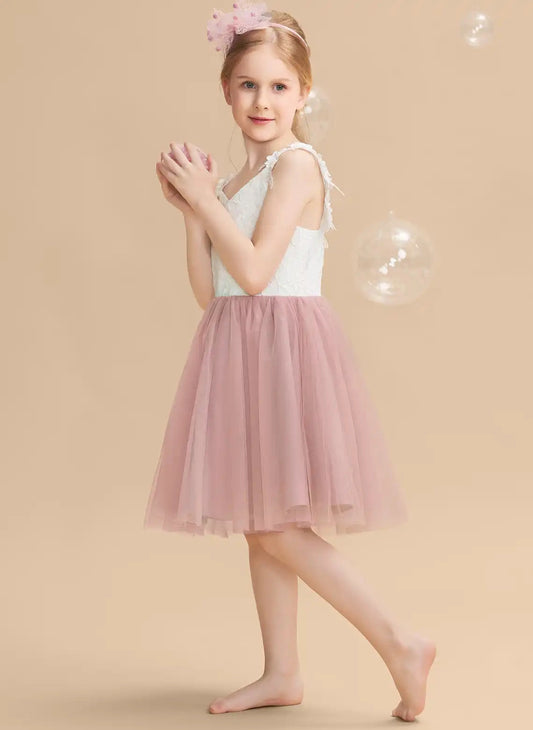 Romantic A Line Square Neck Sleeveless Open Back Knee Length Flower Girl Dress