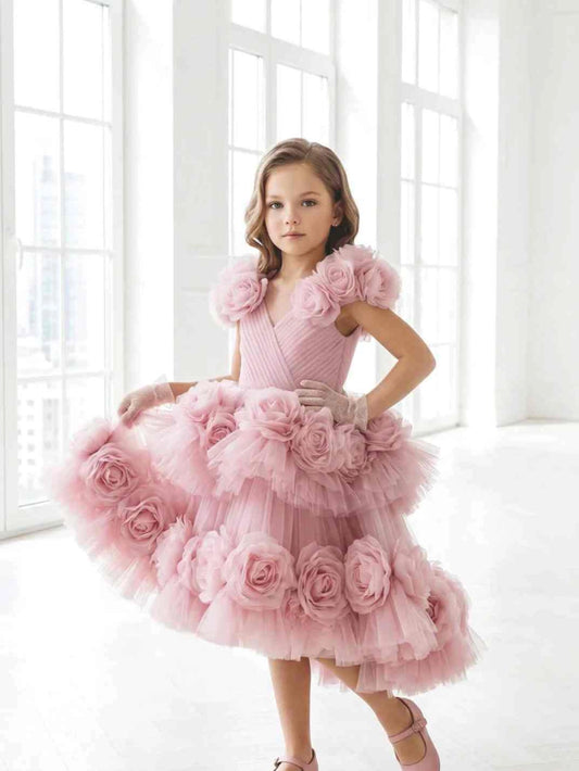 Dusty Pink A-Line V Neck Cap Sleeve Zipper Back Midi Flower Girl Dress