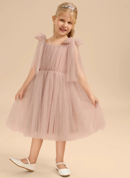 Romantic A Line Square Neck Sleeveless V Back Tea Length Flower Girl Dress