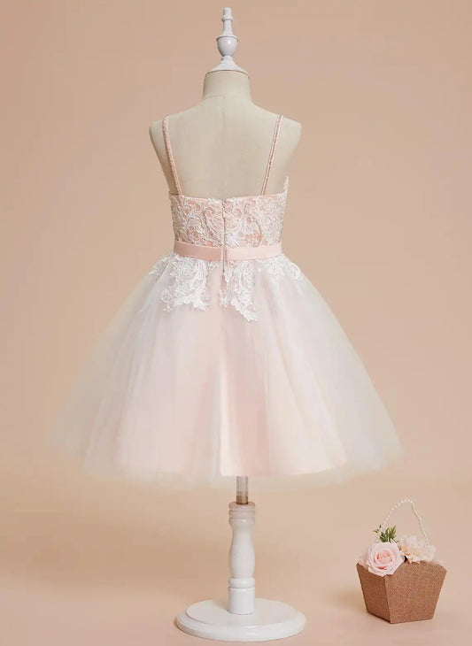 Romantic A Line Sweetheart Spaghetti Strap Zip Back Knee Length Flower Girl Dress
