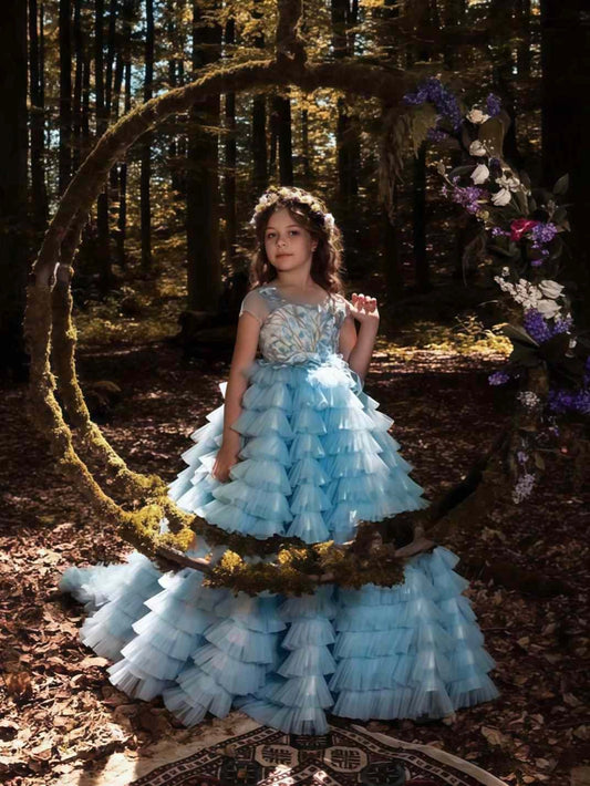 Luxury Ball Gown Round Neck Short Sleeve Lace?Up Back Train Flower Girl Dress
