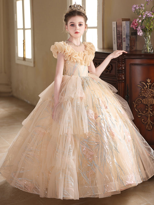 Elegant Ball Gown Ruffle Neck Cap Sleeve Zip Back Floor Length Pageant Dress