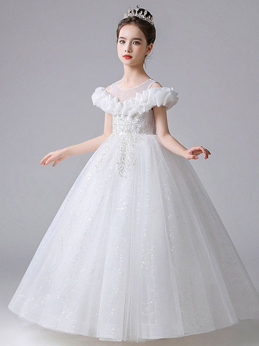 Elegant Ball Gown Illusion Neck Ruffle Sleeve Zip Back Floor Length Flower Girl Dress