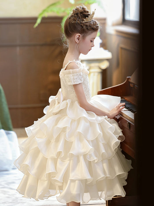 Elegant Ball Gown Sweetheart Off Shoulder Bow Back Tea Length Flower Girl Dress