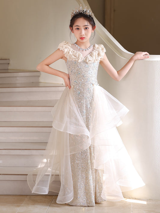 Glamorous Column V Neck Ruffle Sleeveless Zipper Back Floor Length Pageant Dress