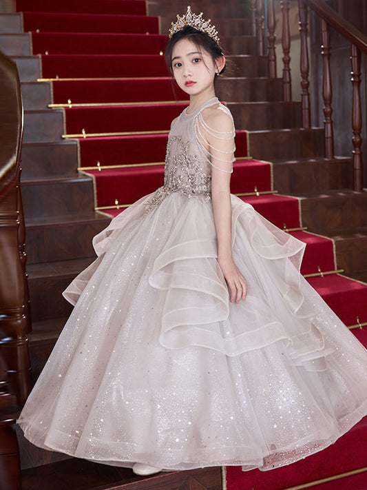 Luxury Ball Gown Round Neck Sleeveless Closed Back Floor Length Pageant Dress