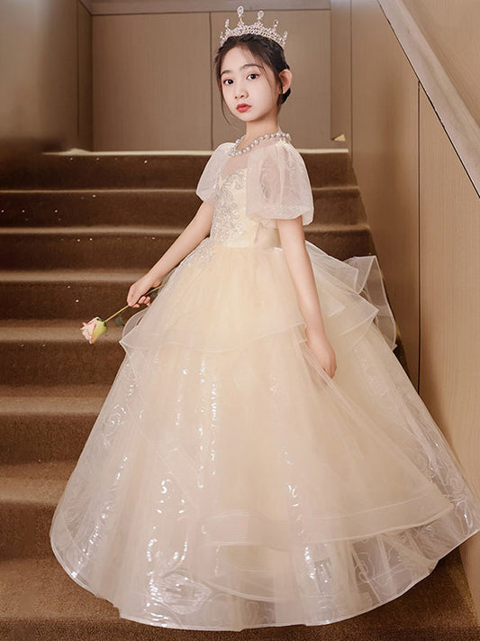 Elegant Ball Gown Sweetheart Neck Puff Sleeve Square Back Floor Length Girls Dress