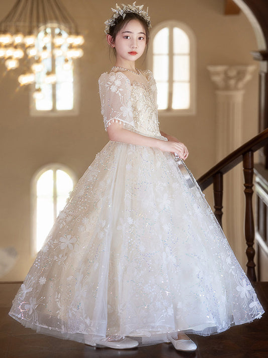 Elegant A Line Round Neck Flutter Sleeve Bow Back Floor Length Communion Dress