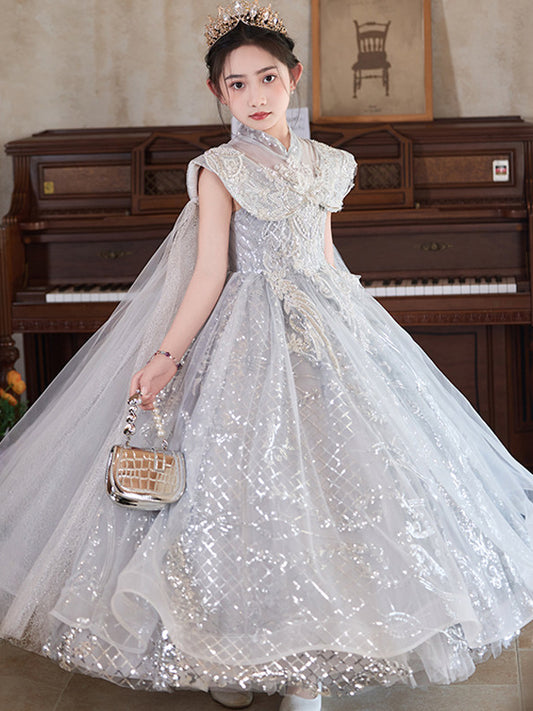 Regal Ball Gown High Neck Sleeveless Cape Back Floor Length Pageant Dress