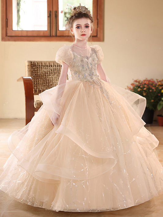 Sparkling Ball Gown Illusion Neck Puff Sleeve Zip Back Floor Length Pageant Dress