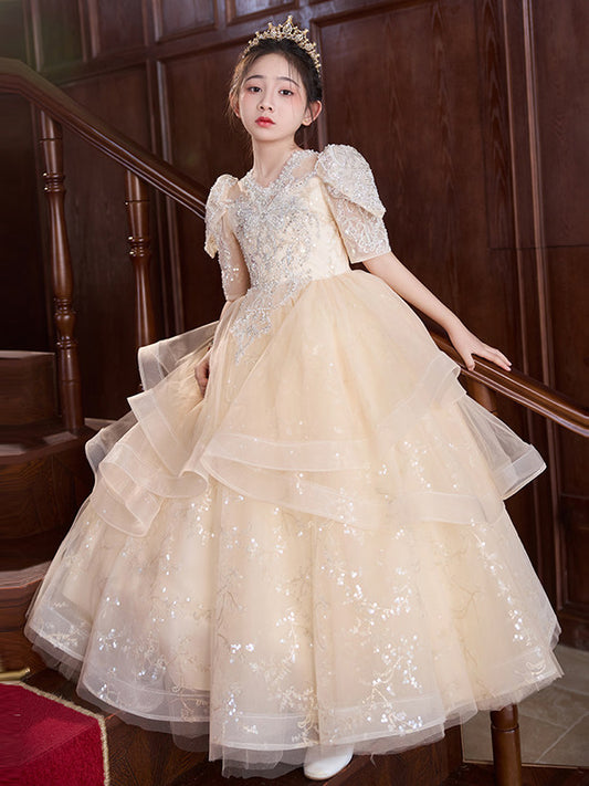 Luxurious Ball Gown V Neck Short Sleeve Sheer Back Floor Length Pageant Dress